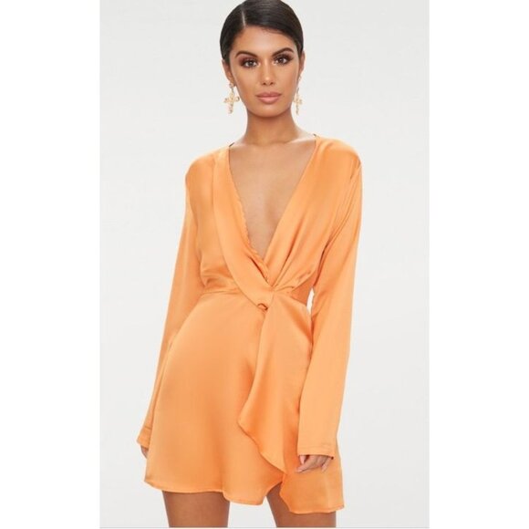 PrettyLittleThing Dresses & Skirts - Pretty Little Things | NWT Tangerine Orange Satin Long Sleeve Wrap Mini Dress 8